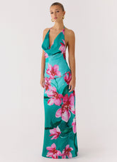 Yoon Beaded Cowl Maxi Dress Blue Green